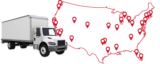 Delivery truck with map of marked locations across the United States